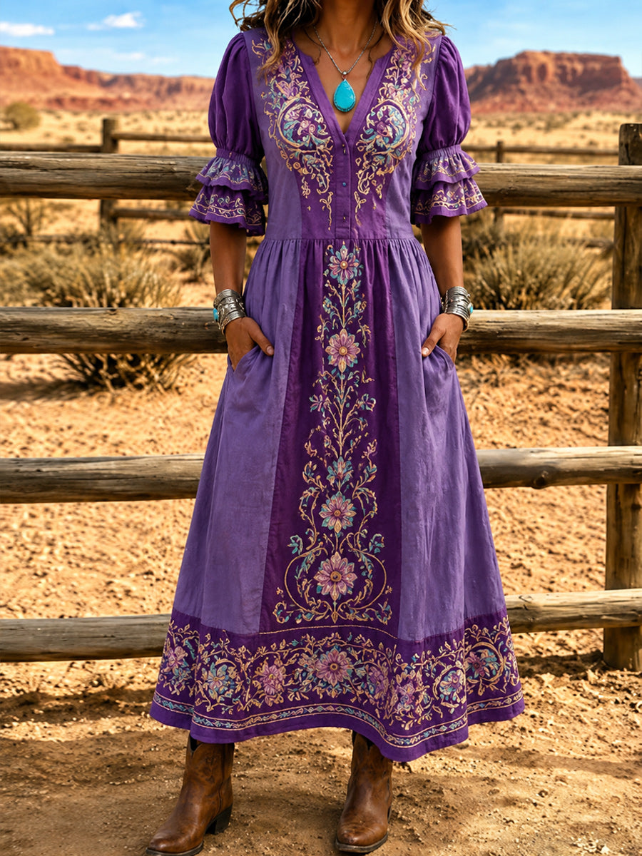 Women's Retro Art Print Washed Cotton Lace Patchwork Midi Dress